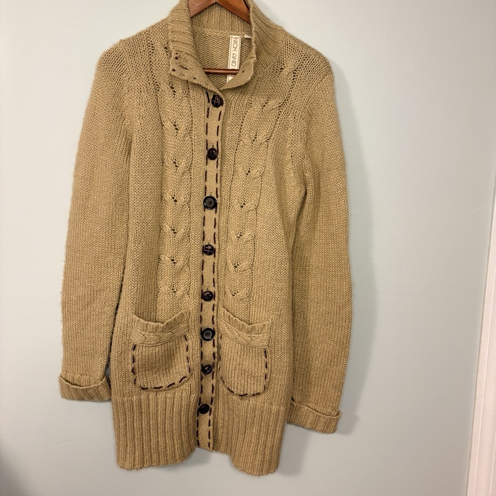 NICK & MO Women's Beige Cable Knit Long Cardigan Sweater Wool Blend Size M